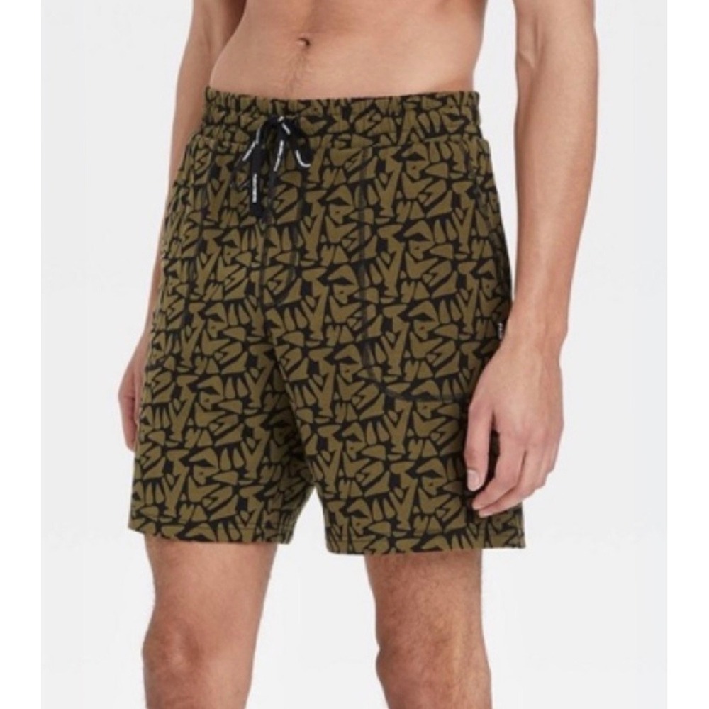 NIP Pair of Thieves Mens Off Duty Lounge Shorts Vert Geometric Print Olive Sz L